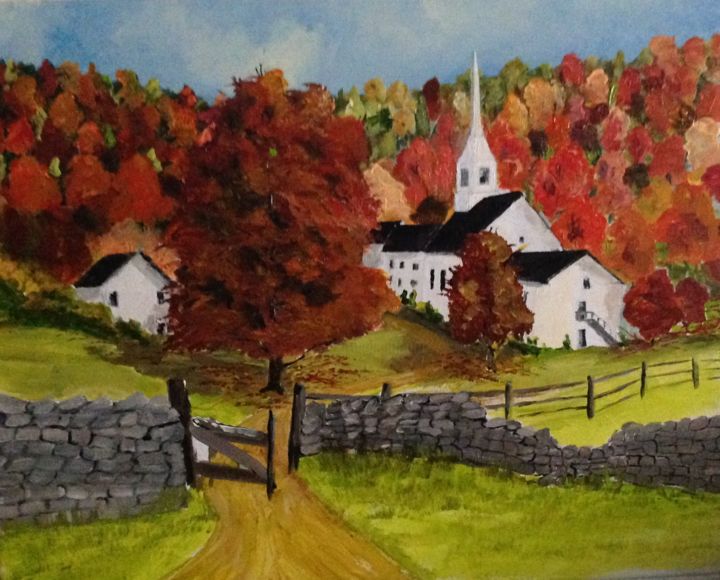 Schilderij getiteld "New England Autumn" door Lanny Roff, Origineel Kunstwerk, Acryl