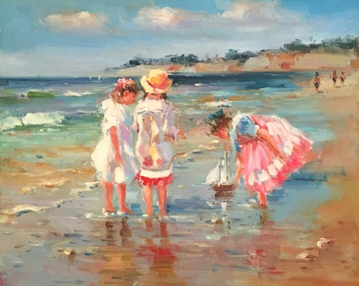 Painting titled "Beach games." by Lara Vald, Original Artwork, Oil Mounted on Wood Stretcher frame