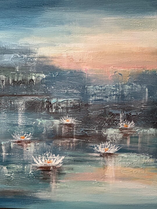 Painting titled "Water lilies" by Larisa Robins, Original Artwork, Acrylic Mounted on Wood Stretcher frame