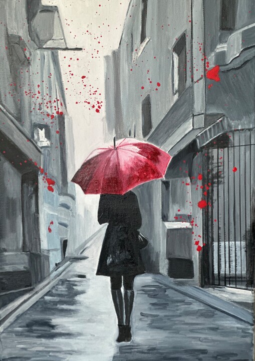 Schilderij getiteld "Red umbrella" door Larisa Robins, Origineel Kunstwerk, Acryl Gemonteerd op Frame voor houten brancard