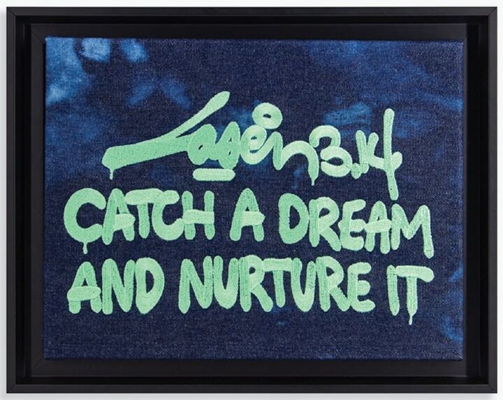 Textilkunst mit dem Titel "Catch A Dream And N…" von Laser 3.14, Original-Kunstwerk, Stickerei