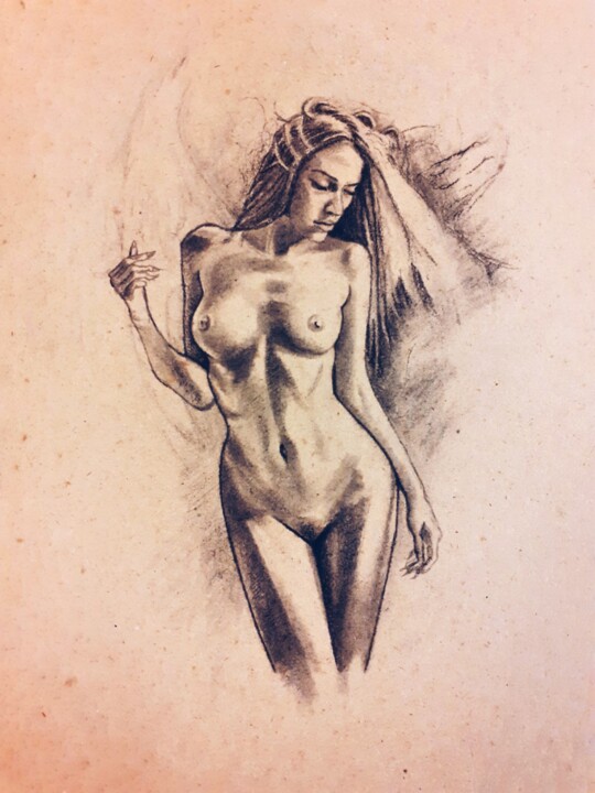 Drawing titled "Nymph" by Laszlo Juhasz, Original Artwork, Charcoal