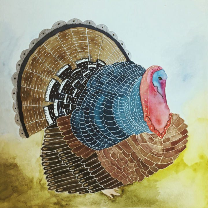 Pintura intitulada "Smart turkey" por Nina Karpova, Obras de arte originais, Aquarela