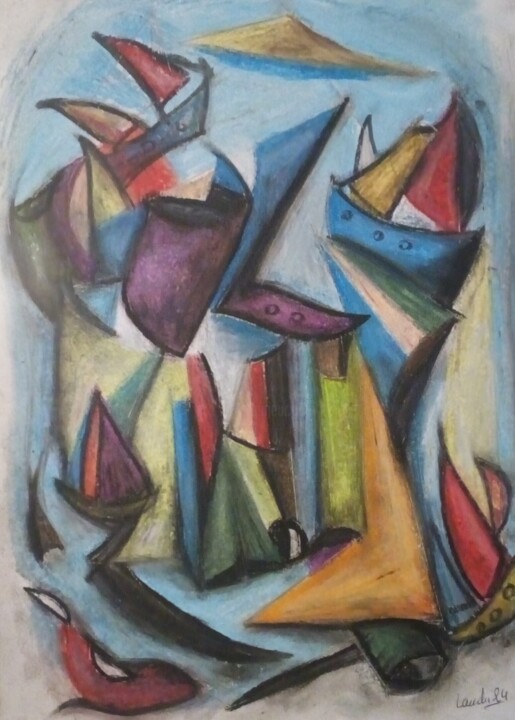 Dibujo titulada "L'ile aux bateaux" por Laudu, Obra de arte original, Pastel