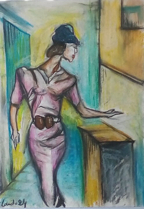 Dibujo titulada "L'hôtesse" por Laudu, Obra de arte original, Pastel