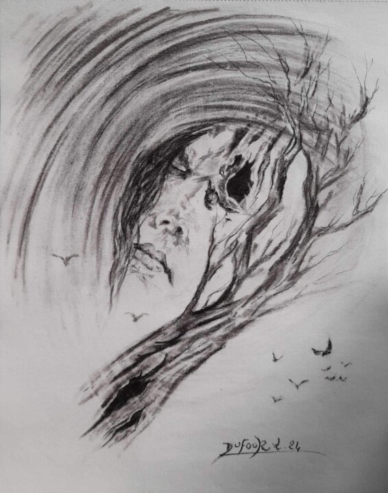 Drawing titled "Entre deux mondes" by Laurence Dufour, Original Artwork, Charcoal