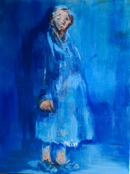 Painting titled "En bleu confondu" by Laurence Pustoc'H, Original Artwork, Oil Mounted on Wood Stretcher frame