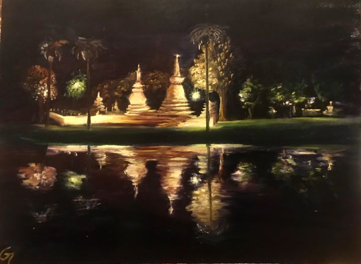 Peinture intitulée "Temples at night -…" par Laurence Blanchard, Œuvre d'art originale, Huile