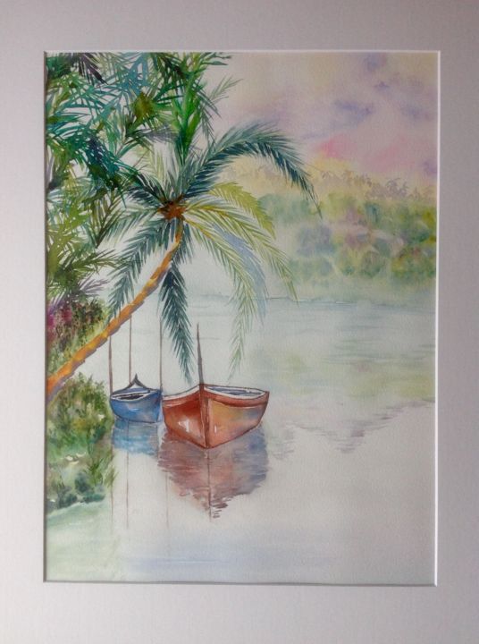 Peinture intitulée "Barques et palmiers" par Eiji, Œuvre d'art originale, Aquarelle