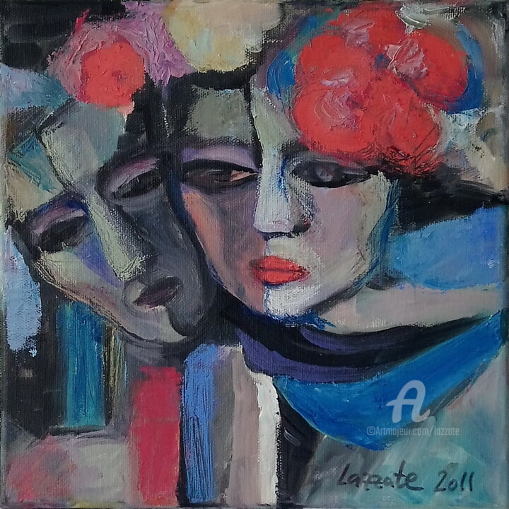 Schilderij getiteld "Les DEUX" door Lazzate Maral, Origineel Kunstwerk, Olie Gemonteerd op Frame voor houten brancard