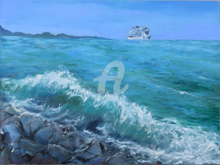 Painting titled "Azure pier (Лазурны…" by Elena Berezhnaya Be Lena, Original Artwork, Oil Mounted on Cardboard