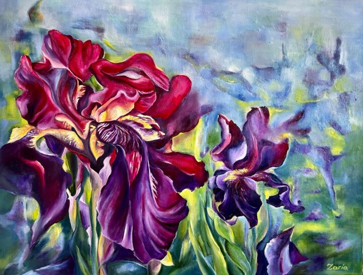 Malarstwo zatytułowany „Irises II” autorstwa Lena Zoria, Oryginalna praca, Olej Zamontowany na Drewniana rama noszy