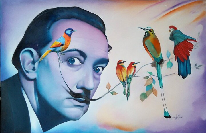 Painting titled "Dali et les oiseaux…" by Lenda Bavedila, Original Artwork, Oil