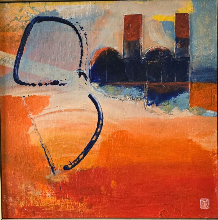 Collages getiteld "Factory at sunset" door Lenie Van Den Bulk, Origineel Kunstwerk, Olie Gemonteerd op Houten paneel