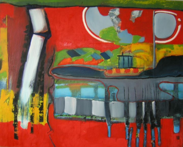 Painting titled "Red Landscape" by Lenie Van Den Bulk, Original Artwork, Oil
