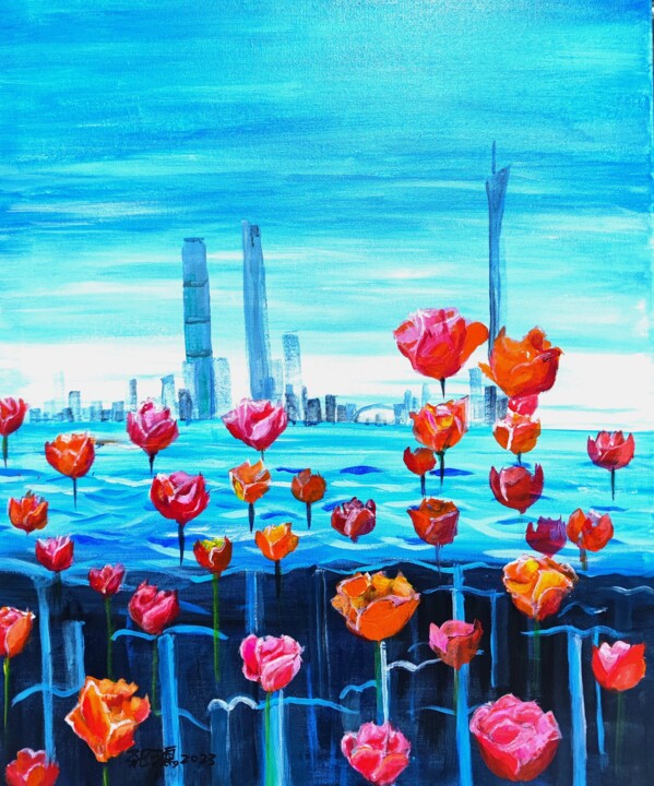Painting titled "Tulips of the Pearl…" by Leo,Keihung Yip, Original Artwork, Acrylic Mounted on Wood Stretcher frame