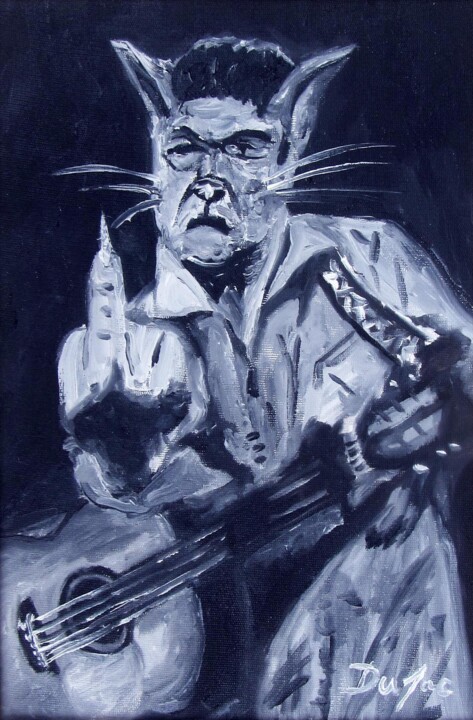 Schilderij getiteld "Johnny Cat" door Leo Du Lac, Origineel Kunstwerk, Olie Gemonteerd op Frame voor houten brancard