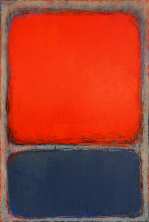「Orange Blue Abstrac…」というタイトルの絵画 Leon Grossmannによって, オリジナルのアートワーク, アクリル ウッドストレッチャーフレームにマウント
