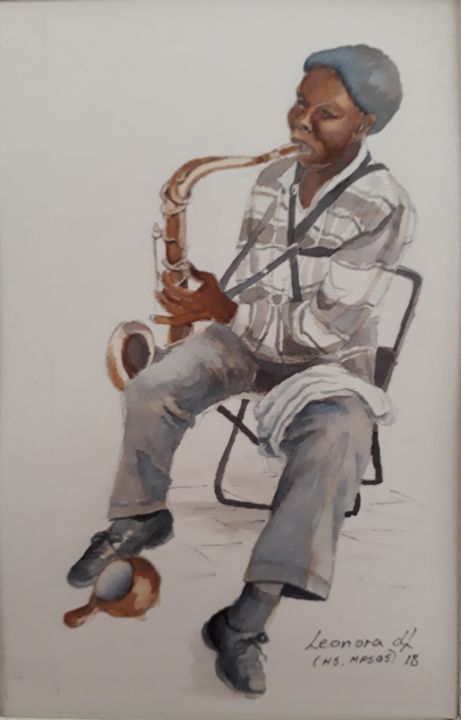Peinture intitulée "Sax Player" par Leonora De Lange, Œuvre d'art originale, Encre Monté sur Carton