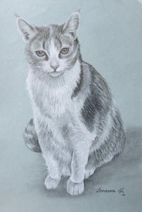 Rysunek zatytułowany „My Little Cat” autorstwa Leonora De Lange, Oryginalna praca, Węgiel drzewny