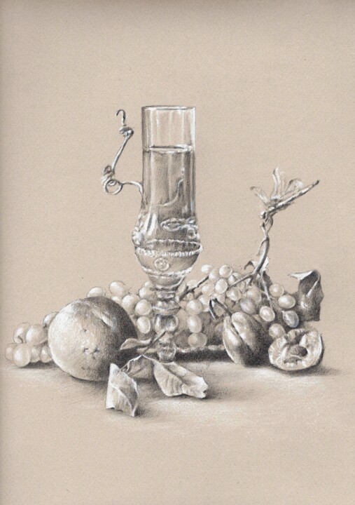 Desenho intitulada "Bodegón con uvas" por Leopoldo Fernandez Sanchez, Obras de arte originais, Lápis