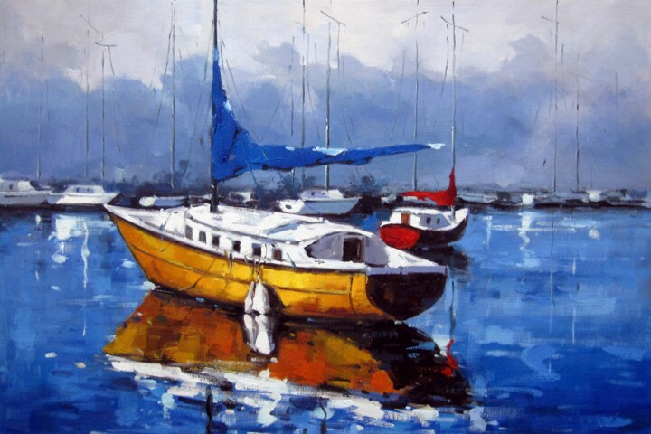 Pittura intitolato "Yacht 018" da Lermay Chang, Opera d'arte originale, Olio Montato su Telaio per barella in legno