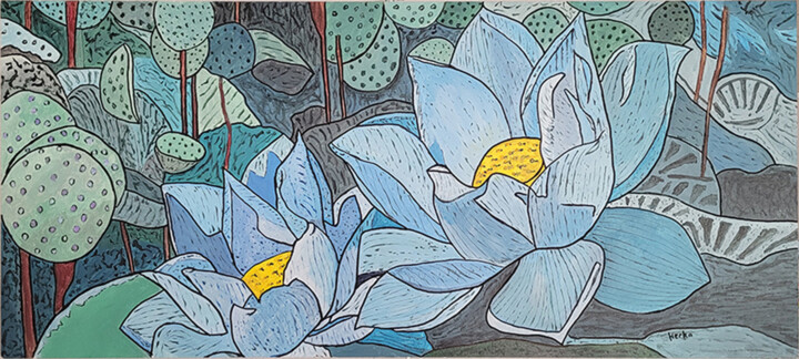 Pintura intitulada "Lotus" por Raymond (Herka) Koelblen, Obras de arte originais, Acrílico