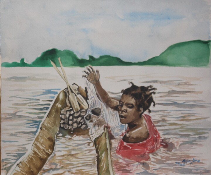 Malerei mit dem Titel "la peche (aux huitr…" von Leyla Lima, Original-Kunstwerk, Aquarell