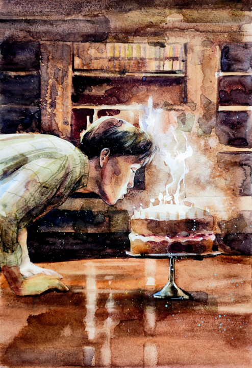 Painting titled "Homemade cake" by Leyla Zhunus, Original Artwork, Watercolor