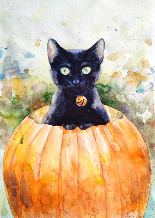 Painting titled "Halloween surprise" by Leyla Zhunus, Original Artwork, Watercolor