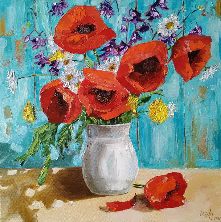 Red Poppy Oil Painting Wildflowers Still Life Painting By Leyla Demir Artmajeur