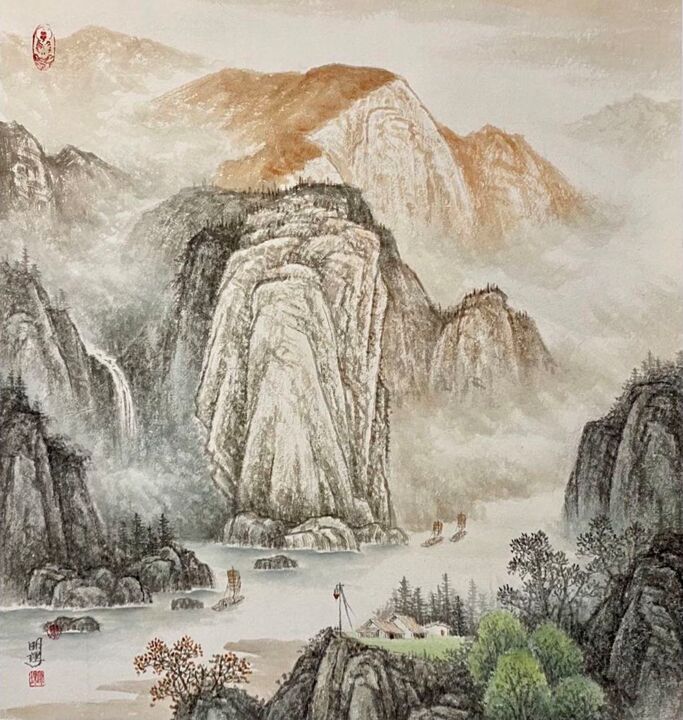 Dibujo titulada "中国画四季山水系列：秋" por Li Ming, Obra de arte original, Pigmentos
