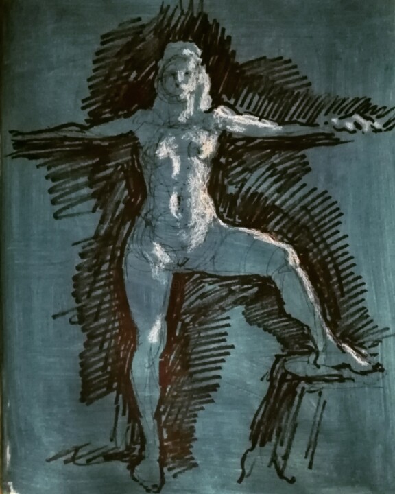 Disegno intitolato "Female Nude In Blue…" da Liam Ryan, Opera d'arte originale, Gesso