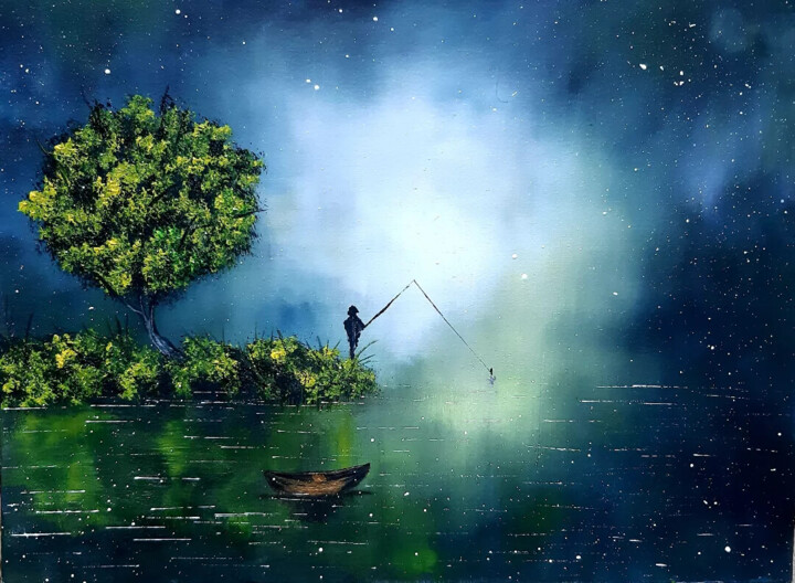 Pittura intitolato "Рыбалка на озере." da Artem Gatsenko, Opera d'arte originale, Acrilico Montato su Telaio per barella in…