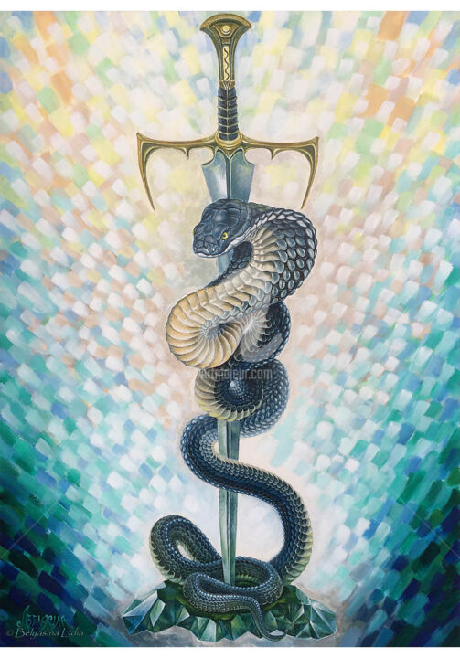 Malerei mit dem Titel "Serpent of Wisdom" von Lidia Belyasin, Original-Kunstwerk, Tempera Auf Karton montiert