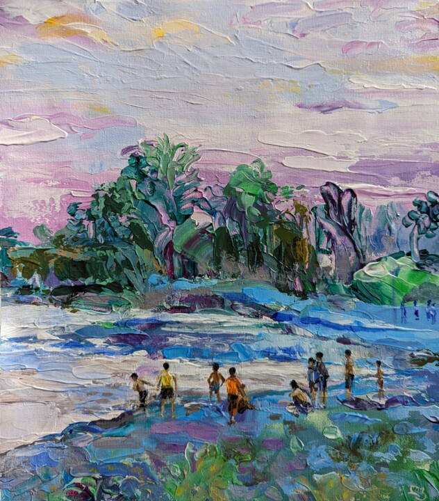 Painting titled "Village Landscape,…" by Lika Kakhidze, Original Artwork, Acrylic