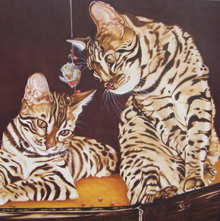 Schilderij getiteld "Bengalkatzen" door Lilla Varhelyi, Origineel Kunstwerk, Olie
