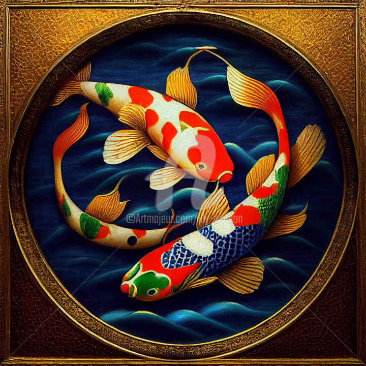 Dibujo titulada "Vintage Koi Fish Pa…" por Lily Watson, Obra de arte original, Pintura Digital