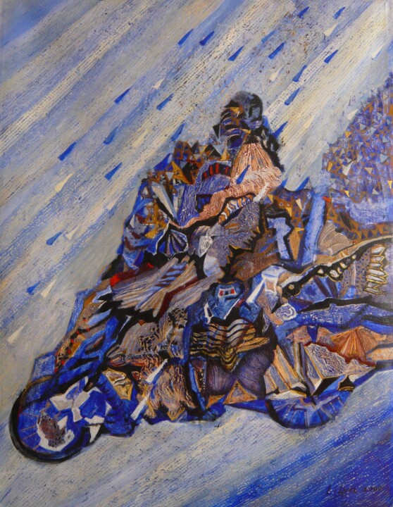 Painting titled "Moto Rider" by Lilya P Dear, Original Artwork, Acrylic Mounted on Wood Stretcher frame