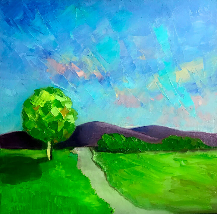 Pintura intitulada "A Tree Near the Road" por Lina Balestie, Obras de arte originais, Óleo Montado em Cartão