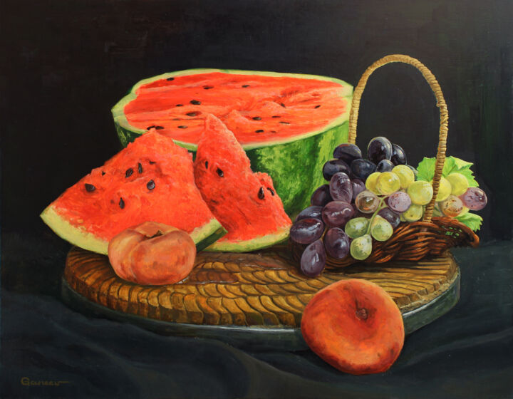 Painting titled "WATERMELON AND FRUIT" by Linar Ganeew, Original Artwork, Oil Mounted on Wood Stretcher frame