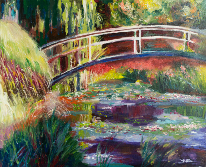 Painting titled "Japanese Bridge" by Lala Belyaevskaya (Lalabel), Original Artwork, Oil Mounted on Wood Stretcher frame