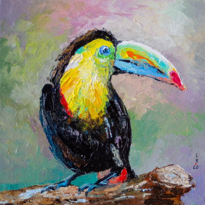 Painting titled "TOUCAN BIRD (FRAMED)" by Liubov Kuptsova, Original Artwork, Oil Mounted on Cardboard