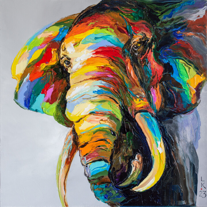 Peinture intitulée "Elephant look" par Liubov Kuptsova, Œuvre d'art originale, Huile Monté sur Châssis en bois