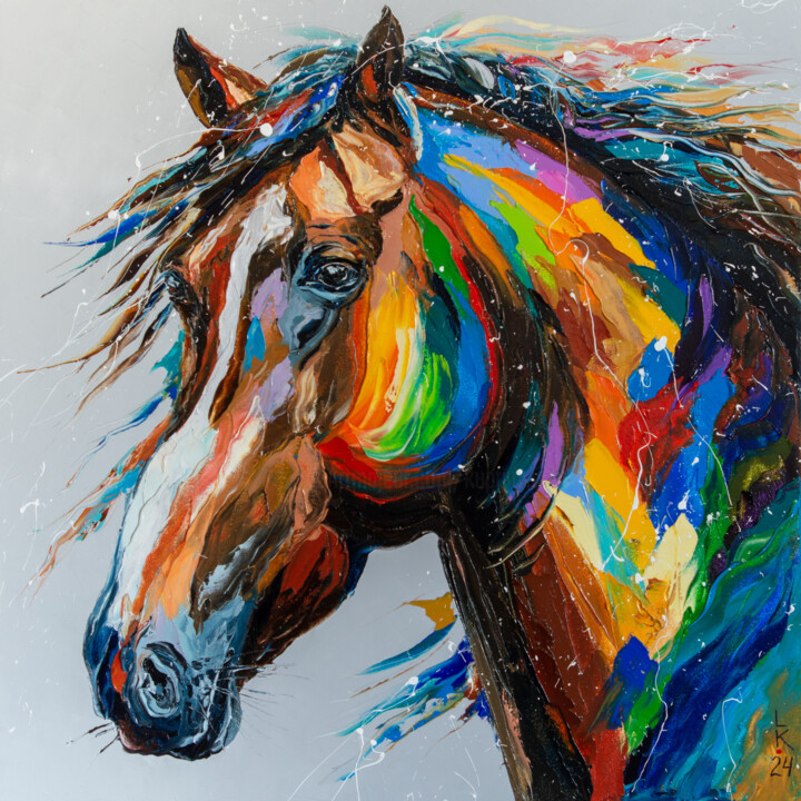 Painting titled "Multicolored Equine" by Liubov Kuptsova, Original Artwork, Oil