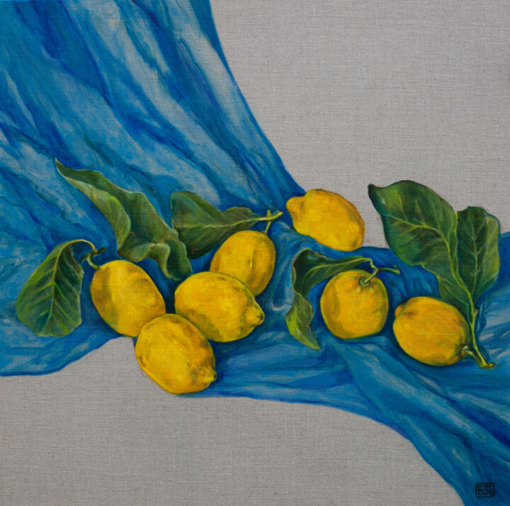 Pintura intitulada "Seven Lemons" por Liudmila Pisliakova, Obras de arte originais, Óleo Montado em Armação em madeira