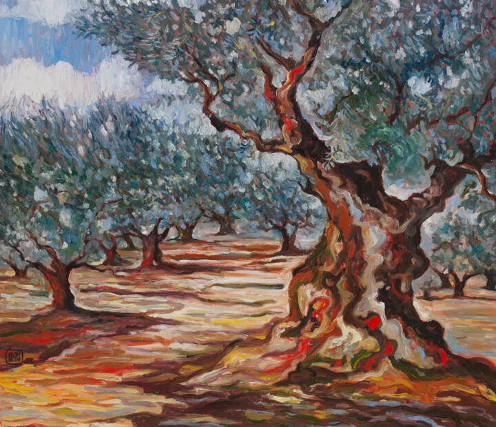 Painting titled "Olive Grove" by Liudmila Pisliakova, Original Artwork, Oil Mounted on Wood Stretcher frame