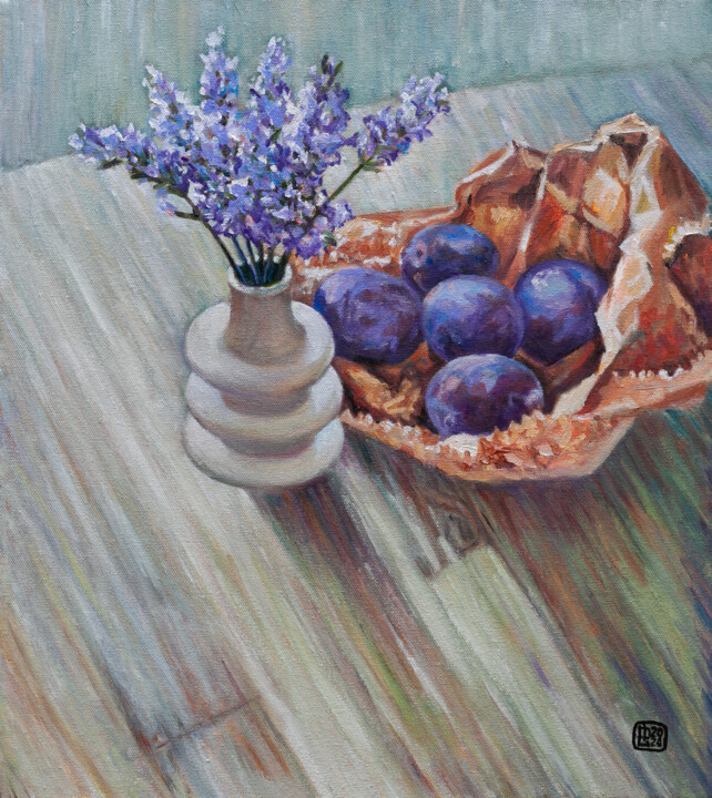 Painting titled "Lavender and Plums" by Liudmila Pisliakova, Original Artwork, Oil Mounted on Wood Stretcher frame