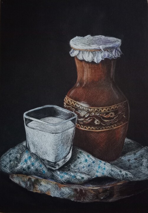 Drawing titled "Still life with jar" by Liudmila Rabinovich, Original Artwork, Conté