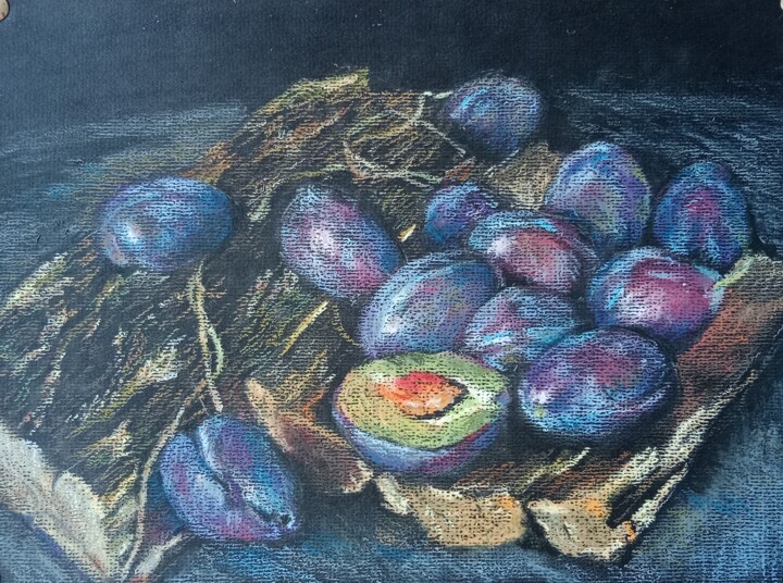 Dessin intitulée "still life with plu…" par Liudmila Rabinovich, Œuvre d'art originale, Pastel